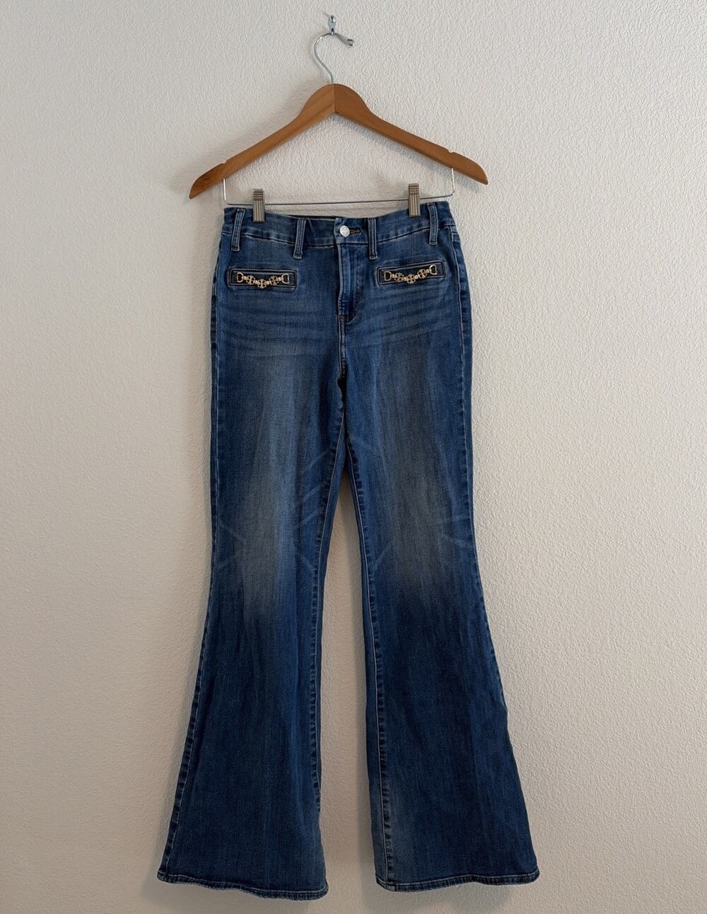 Express 70s Flare Jeans Gold Mid Rise Flexx Hyper Stretch Womens M 6/8/10 Y2K